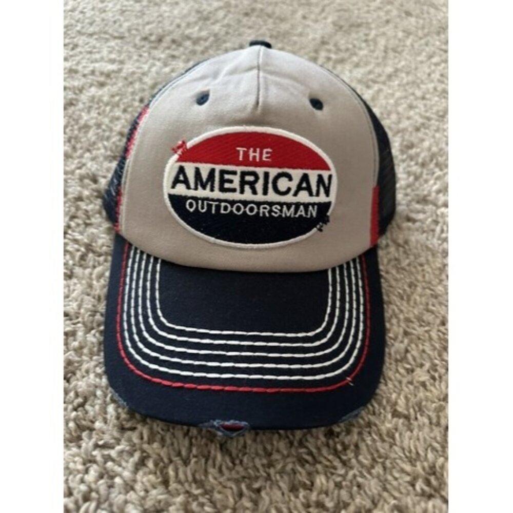 The American Outdoorsman Trucker Hat Cap Adjustable Mesh Blue/Gray  Distressed